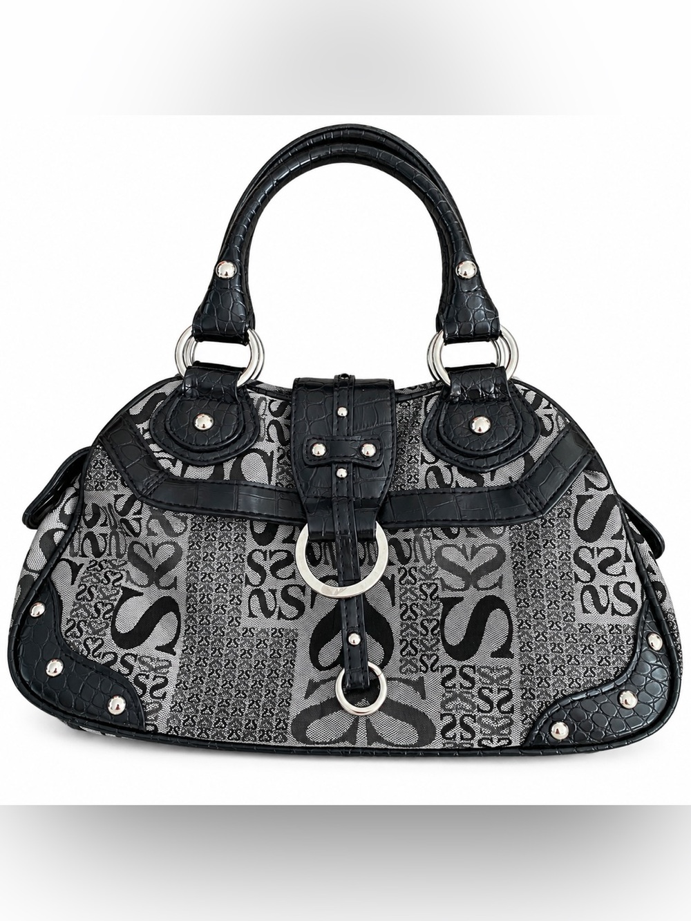 Y2K Black Silver Statement Satchel Handbag Faux Croc Trim
